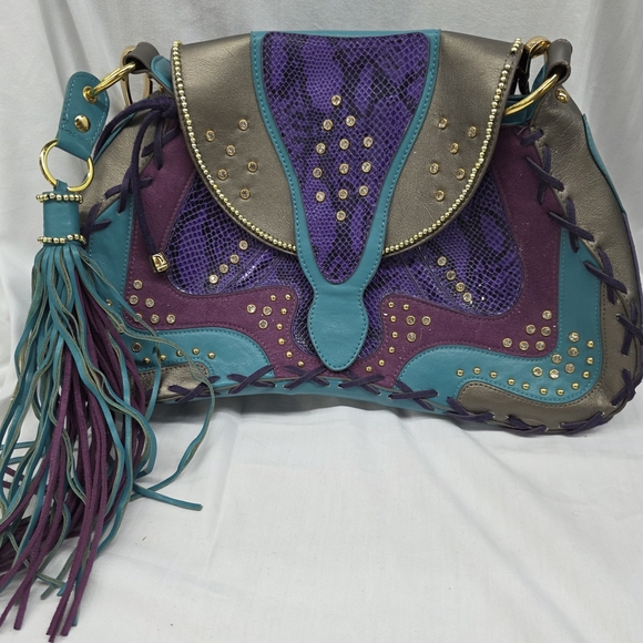 Hot in Hollywood Handbags - Hot In Hollywood Teal & Purple Studded Fringe Shoulder Bag